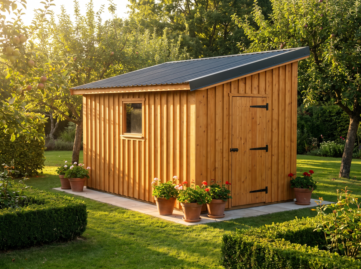 Abri de jardin en bois neuf à toiture monopente et bardage douglas