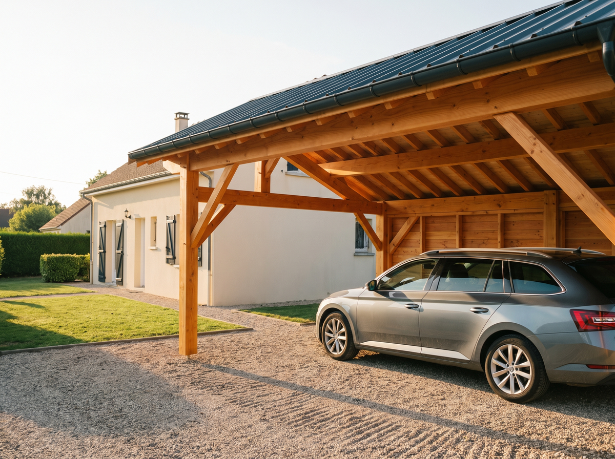 Carport en douglas neuf abritant une voiture