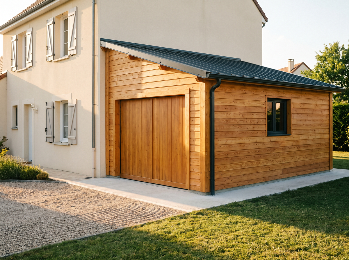Garage en ossature bois bardé de douglas neuf