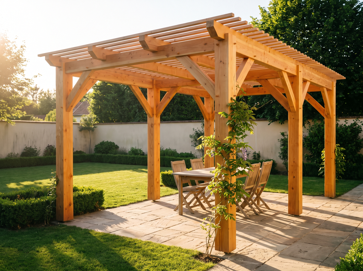 Pergola en douglas neuf au-dessus d'une terrasse de jardin