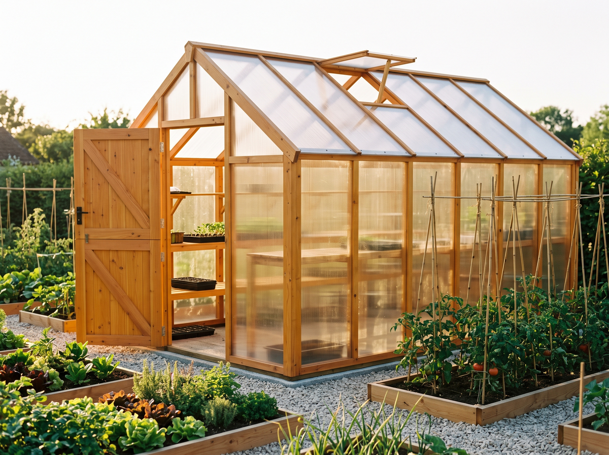 Serre de jardin à ossature bois neuve et panneaux polycarbonate