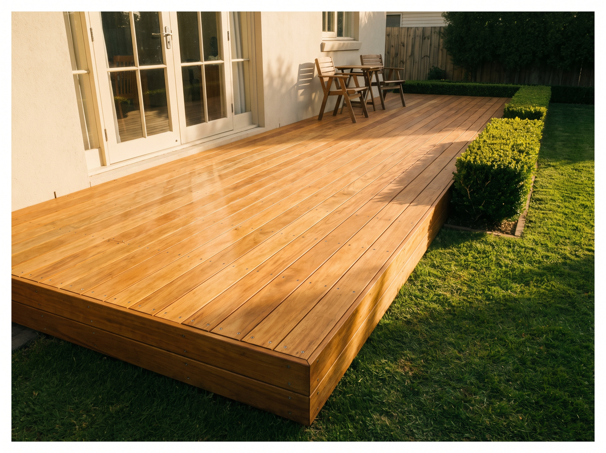Terrasse en bois neuf de plain-pied devant une porte-fenêtre