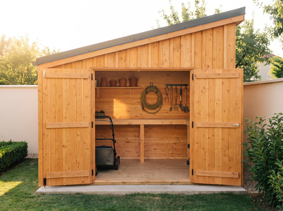 Intérieur de l'abri de jardin 10m2, double porte grande ouverte, tondeuse et établi le long du mur du fond
