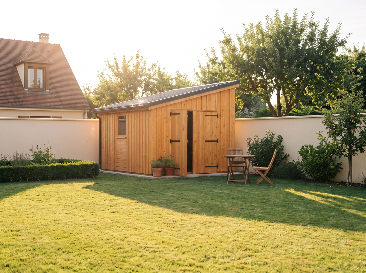 L'abri de jardin 10m2 vu de loin dans le jardin en fin de journée, une porte entrouverte