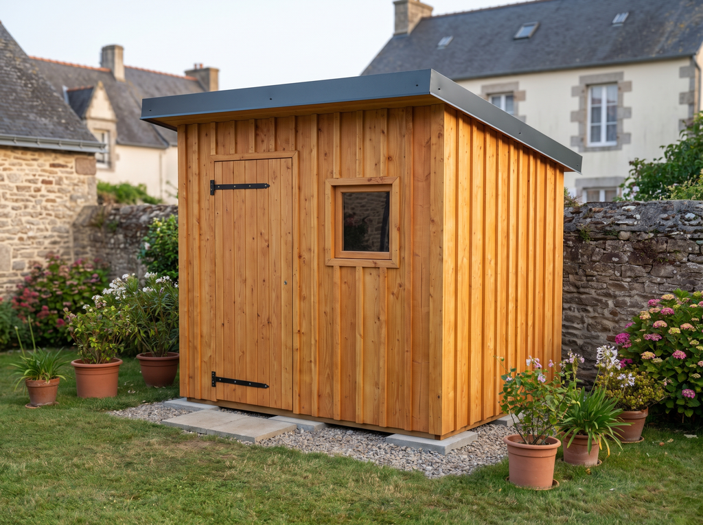 Plan abri de jardin 1 pente en douglas neuf dans un jardin
