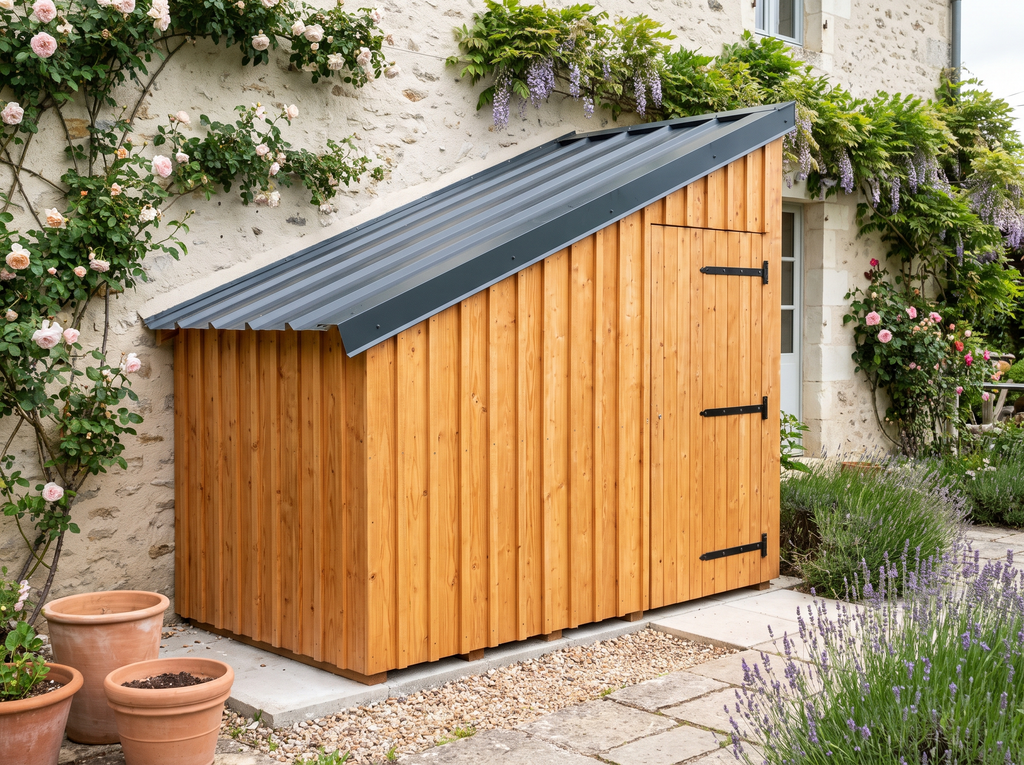 Plan abri de jardin adossé à un mur, en douglas neuf
