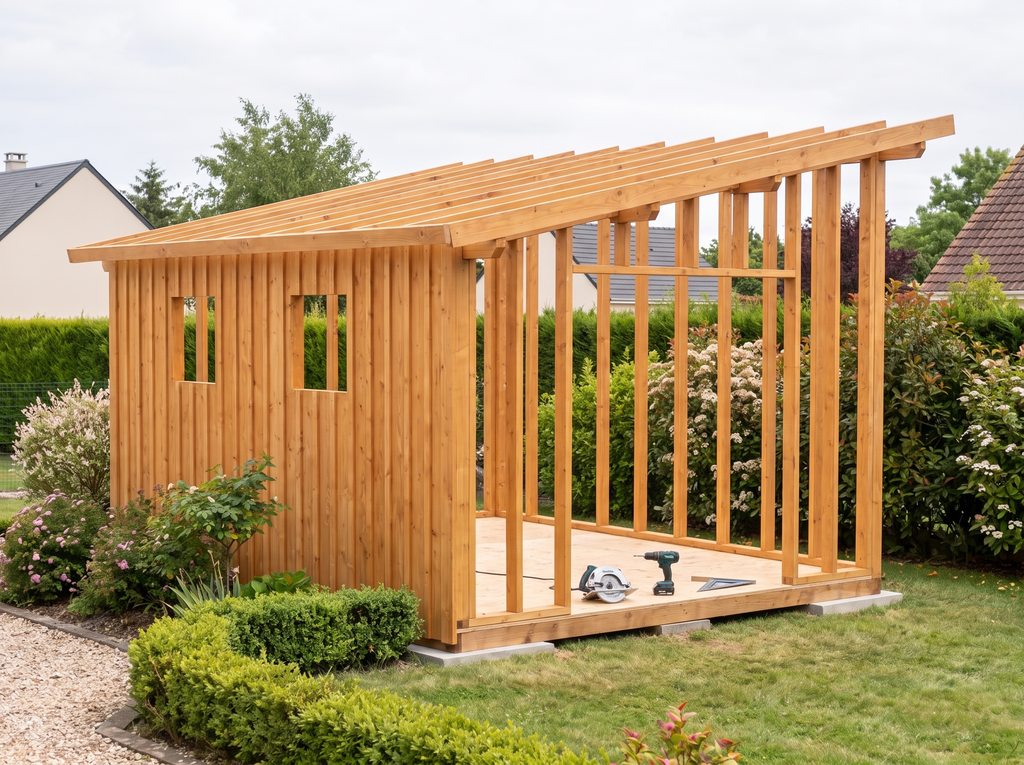 Ossature douglas de l'abri de jardin 20m2 en cours de montage, bardage à moitié posé