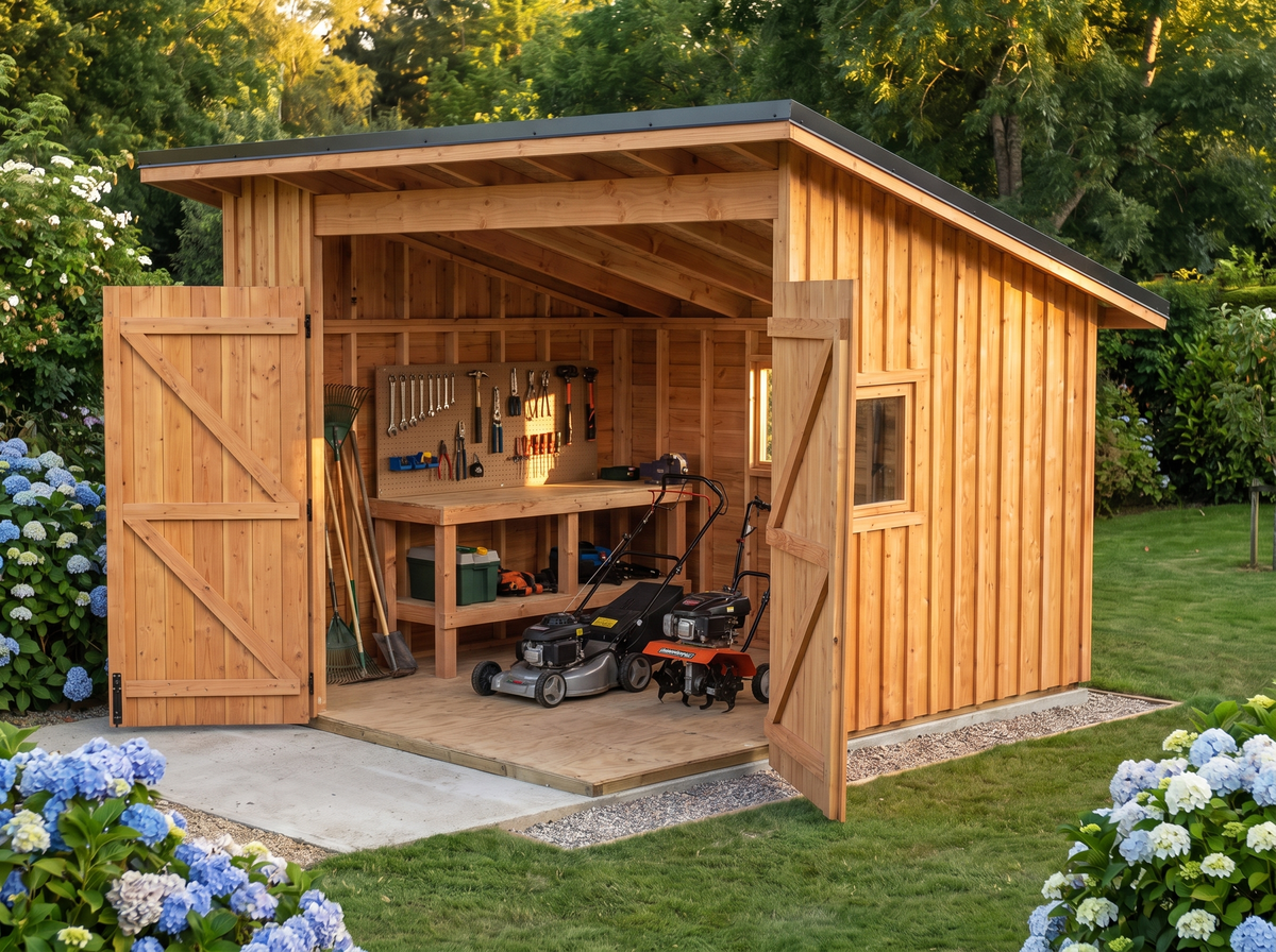 Intérieur de l'abri de jardin 15m2 : établi, tondeuse et motoculteur