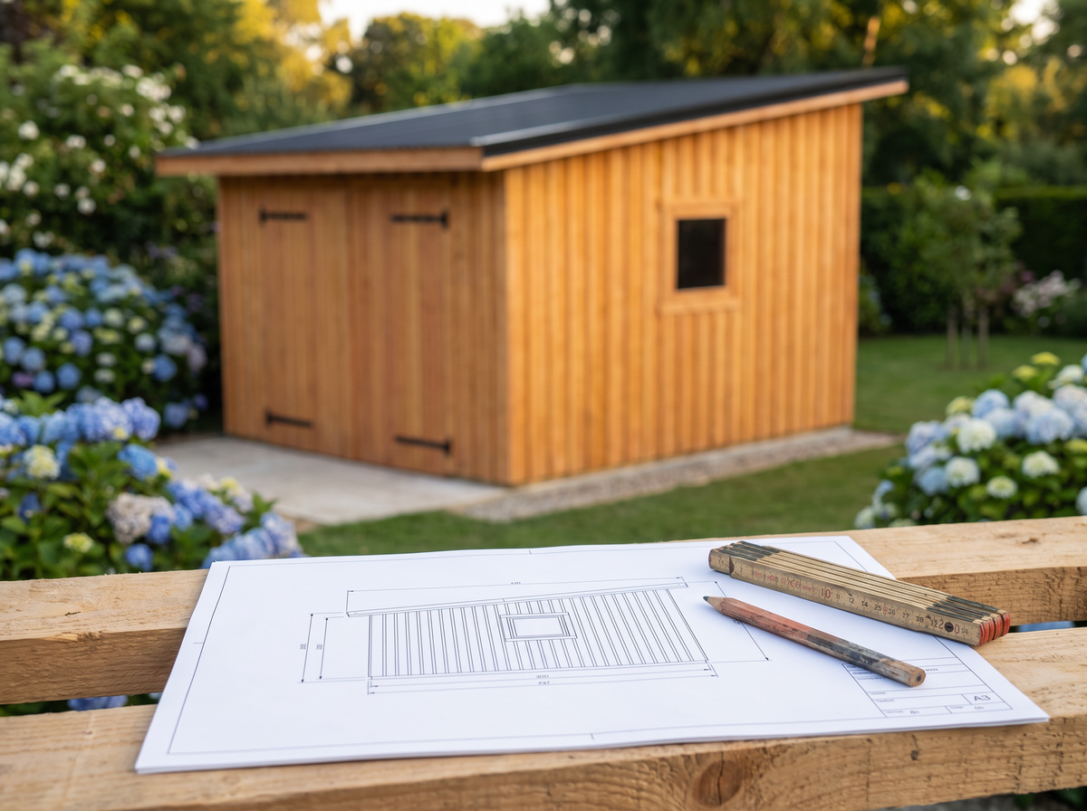 Élévation cotée du plan abri de jardin 15m2 imprimée en A3 devant l'abri fini