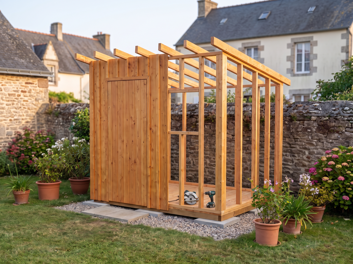Ossature douglas du plan abri de jardin 1 pente en cours de montage, bardage à moitié posé