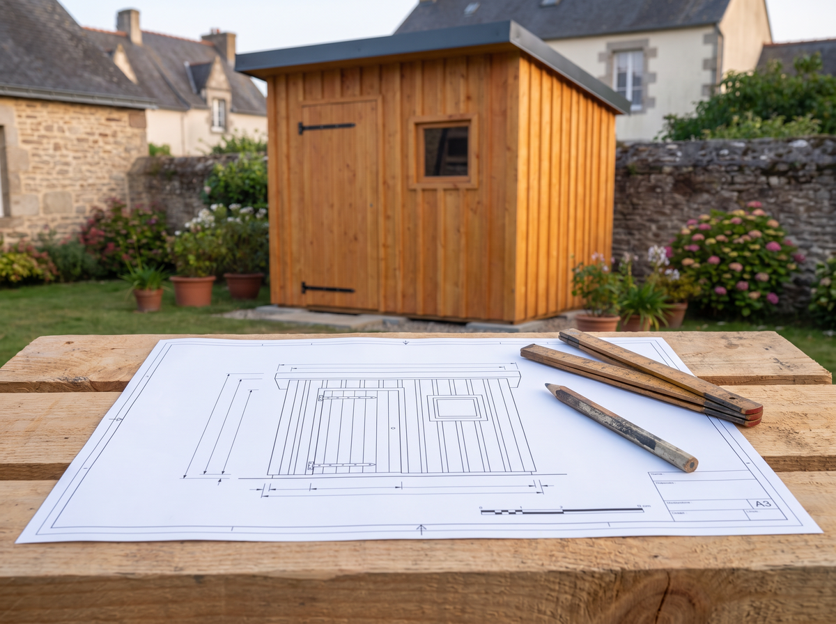 Élévation cotée du plan abri de jardin 1 pente imprimée en A3 devant l'abri fini