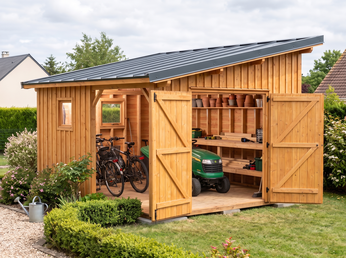 Intérieur de l'abri de jardin 20m2 : établi, tondeuse autoportée et vélos