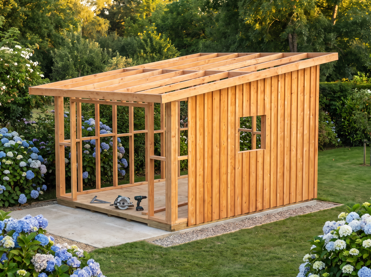 Ossature douglas de l'abri de jardin 15m2 en cours de montage