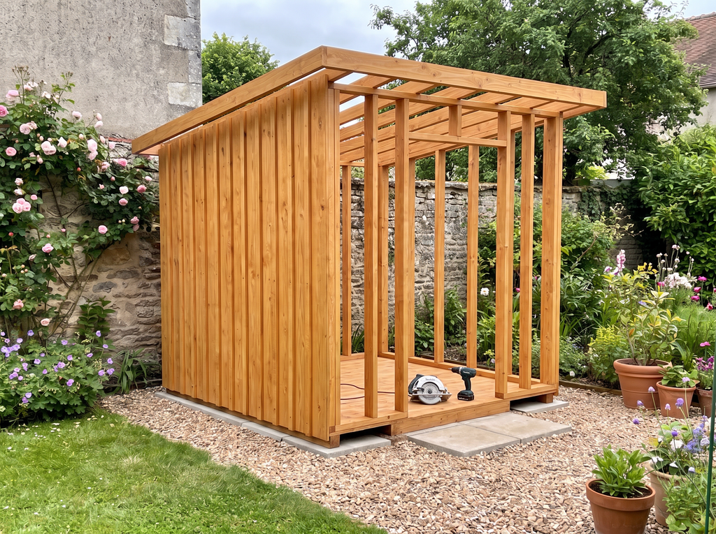 Ossature douglas de l'abri de jardin 4 m2 en cours de montage
