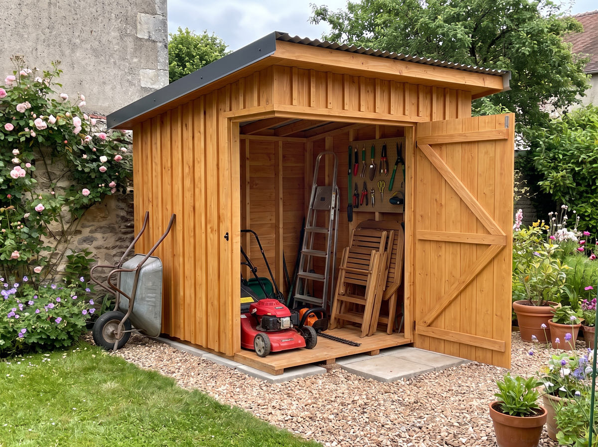 Intérieur de l'abri de jardin 4 m2 : tondeuse, escabeau et outils à main