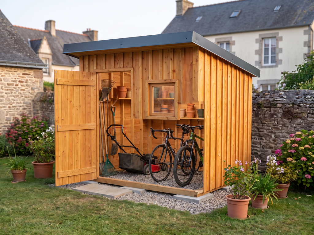 Intérieur de l'abri de jardin 1 pente : vélos, tondeuse et outils