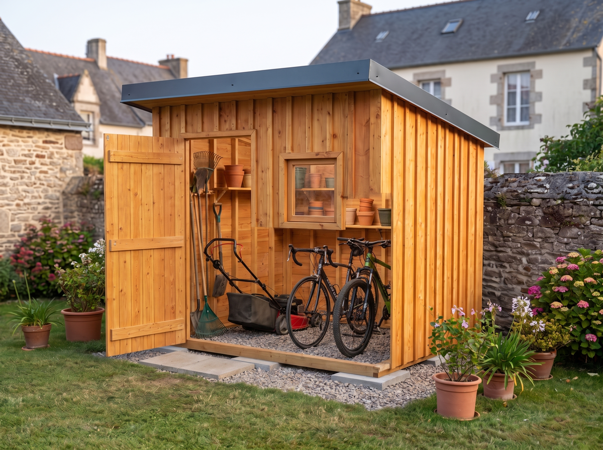 Intérieur de l'abri de jardin 1 pente : vélos, tondeuse et outils