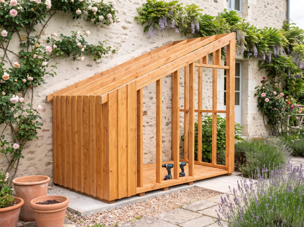 Ossature de l'abri de jardin adossé et sa lisse de fixation au mur