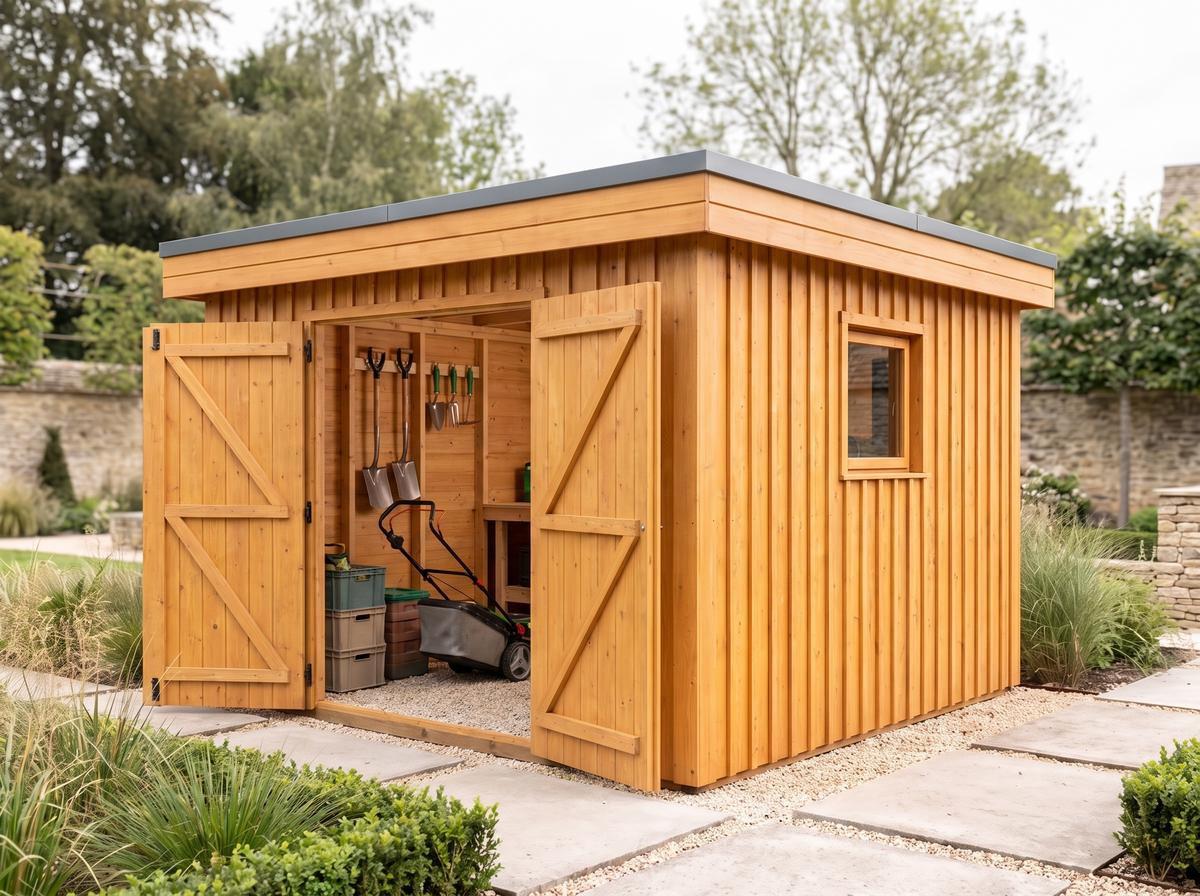 Intérieur de l'abri de jardin toit plat : établi et rangement