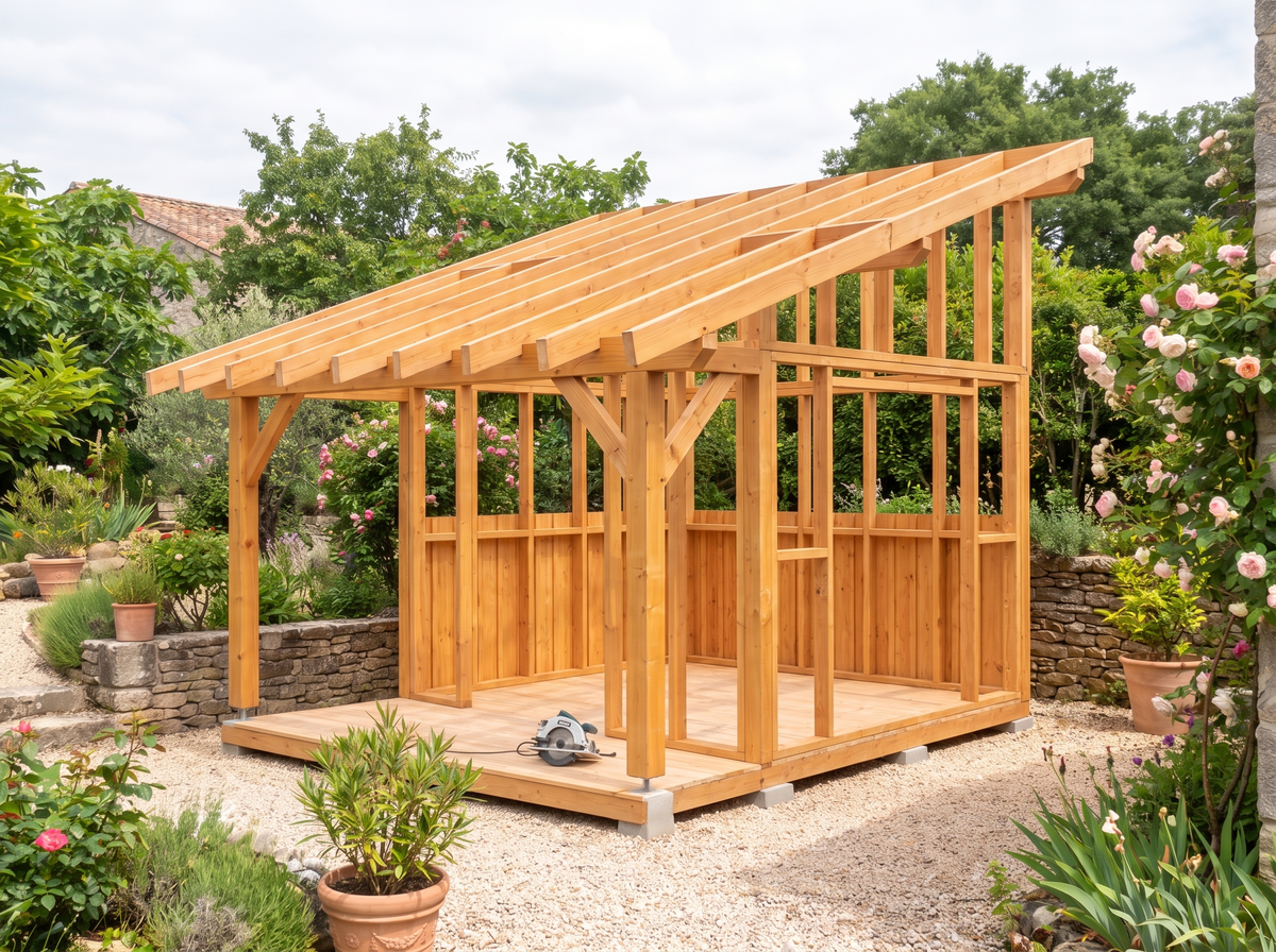 Ossature de l'abri de jardin avec auvent, poteaux et contrefiches en place
