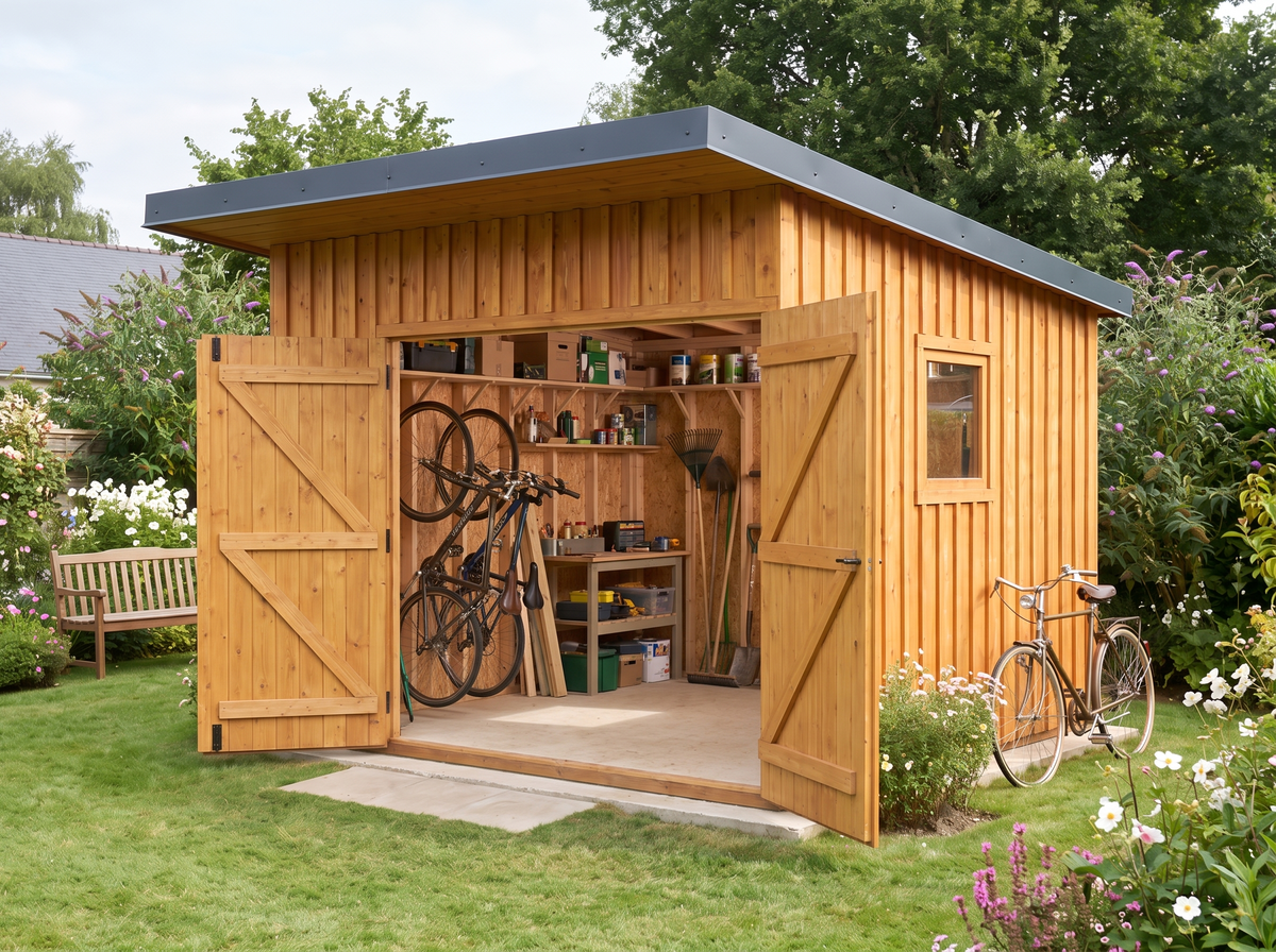 Intérieur de l'abri de jardin 9m2 : vélos, établi et étagères
