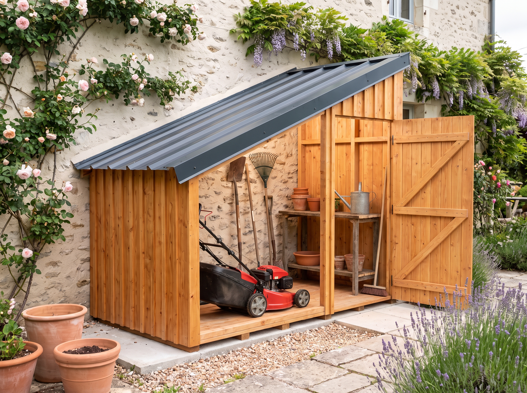 Intérieur de l'abri de jardin adossé : tondeuse et outils longs