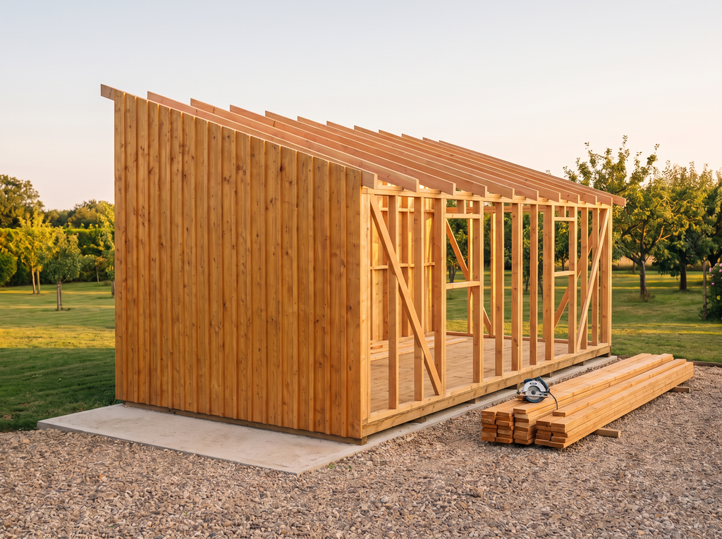 Ossature douglas de l'abri de jardin 18m2 et son contreventement