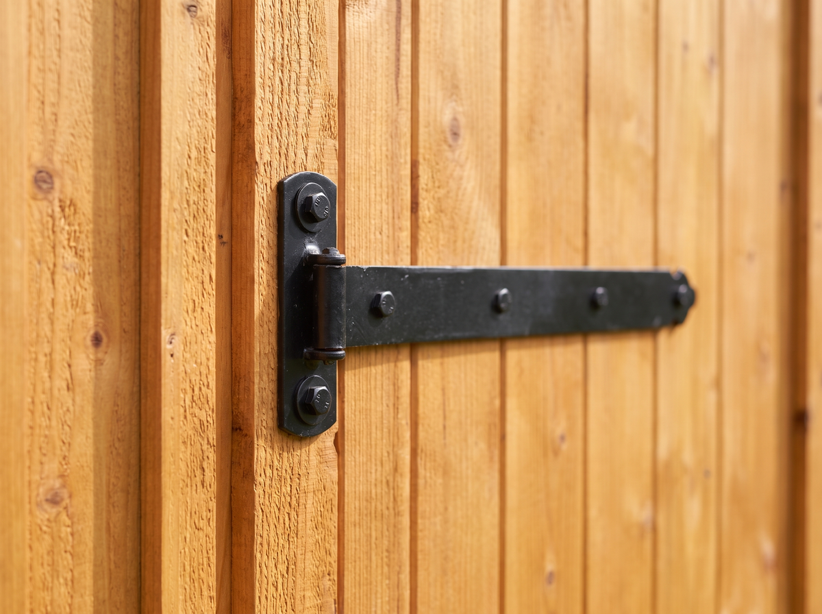 Détail du bardage douglas à couvre-joint et de la penture acier noir de la porte du plan abri de jardin 9m2