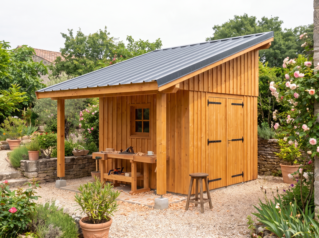 L'auvent de l'abri de jardin utilisé comme atelier extérieur sous la pluie