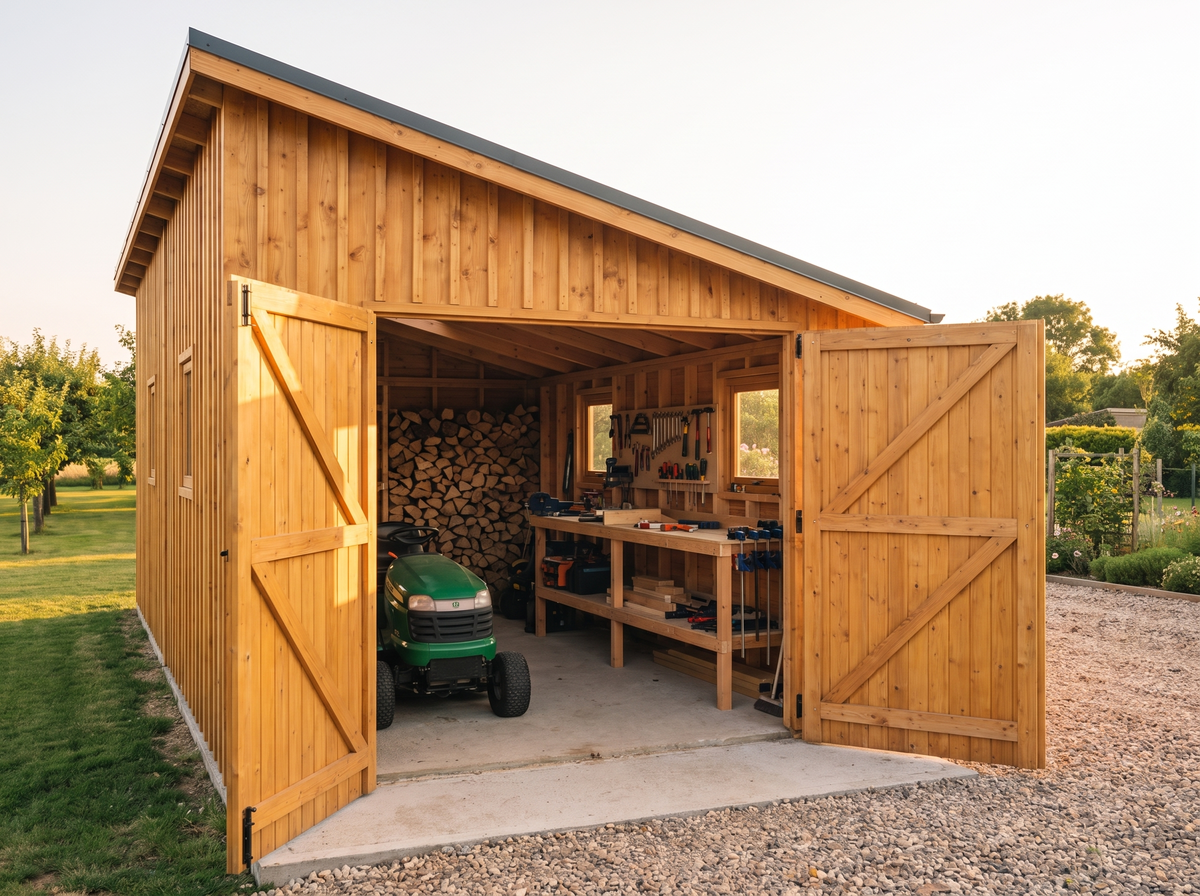 Intérieur de l'abri de jardin 18m2 : tondeuse autoportée, établi et bois de chauffage