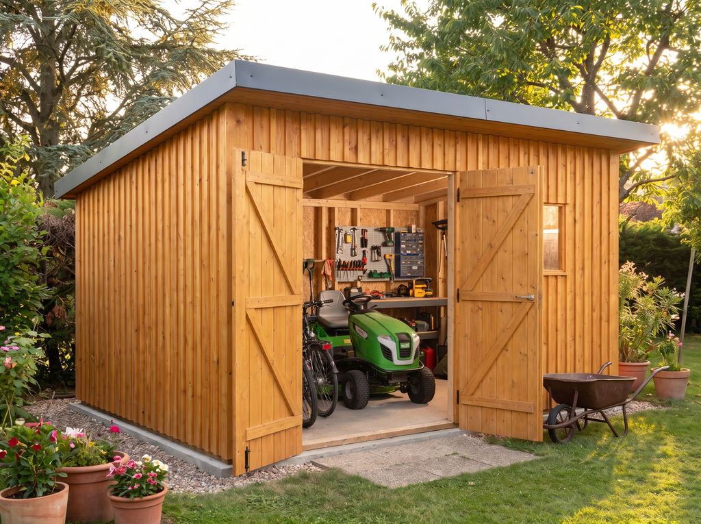 Intérieur de l'abri de jardin 12m2 : tondeuse autoportée et établi
