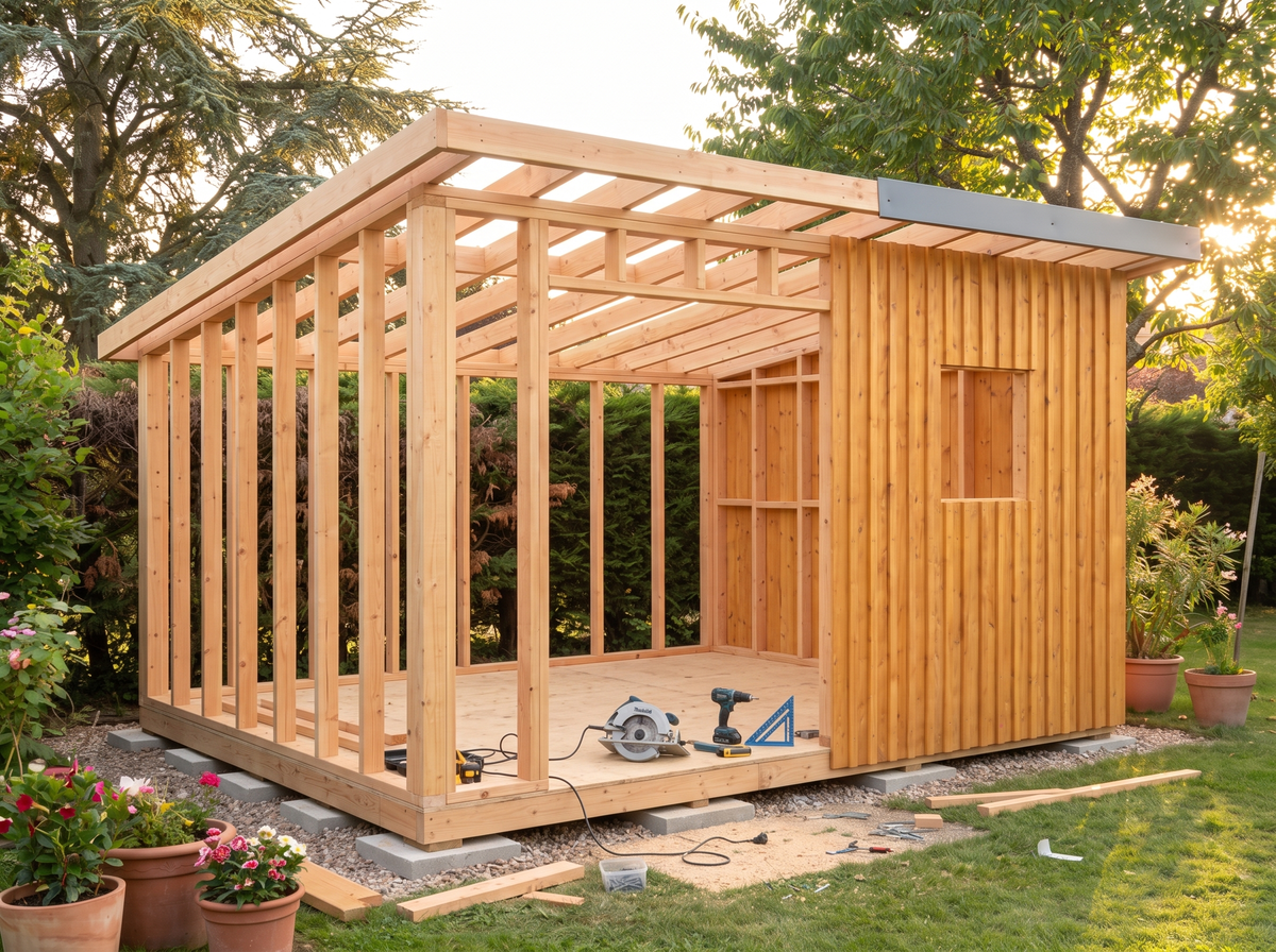 Ossature douglas de l'abri de jardin 12m2 en cours de montage