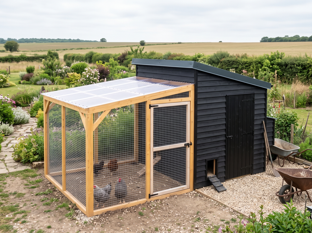 Plan poulailler 10 poules de plain-pied, bardage noir et enclos couvert en bois neuf