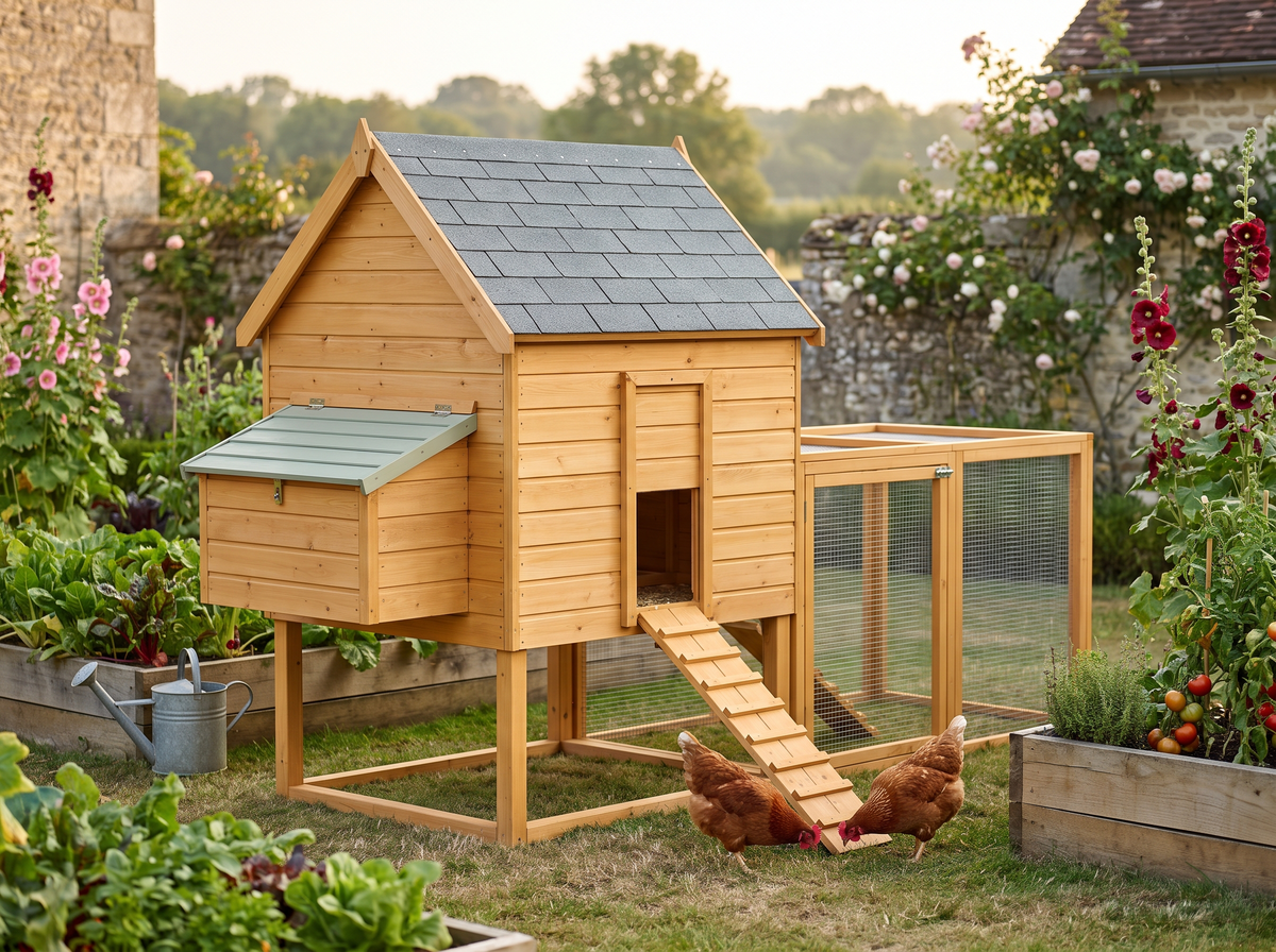 Plan poulailler 4 poules sur pilotis en bois neuf, pondoir latéral et enclos grillagé