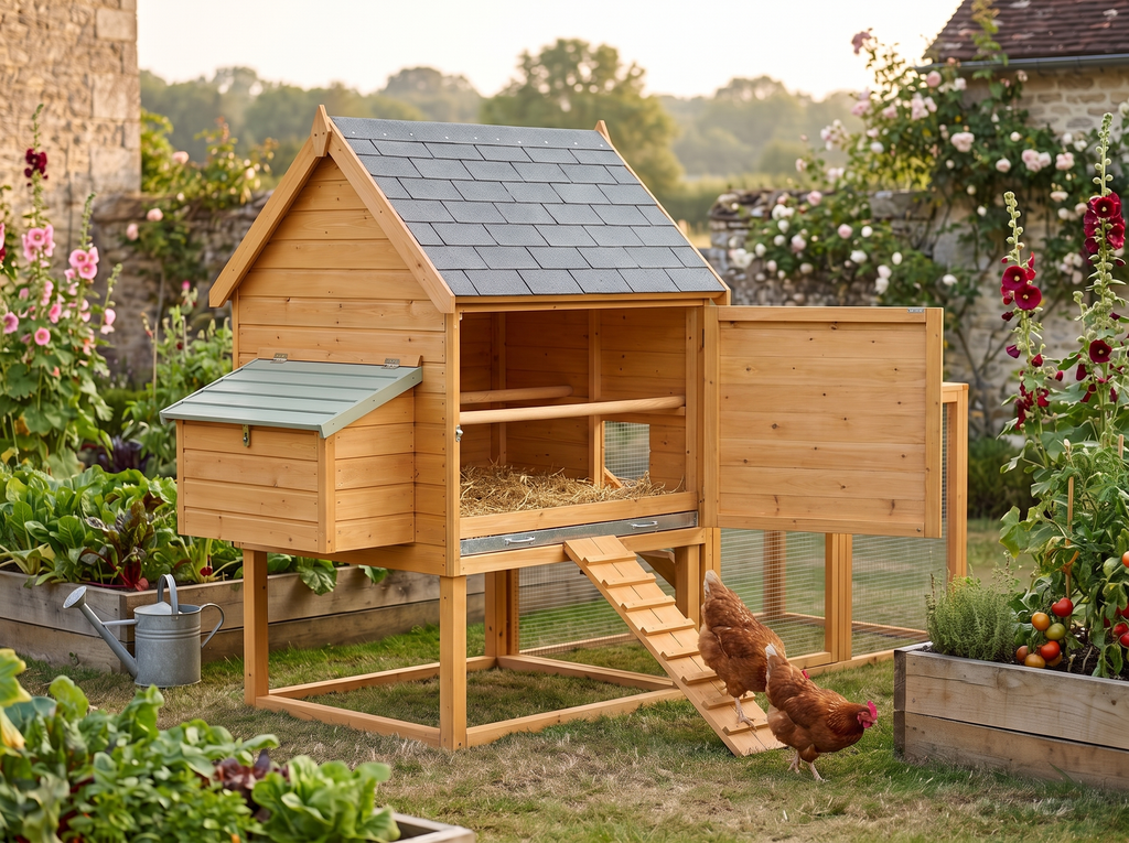 Intérieur du poulailler 4 poules : perchoirs, tiroir à fientes et rampe vers l'enclos