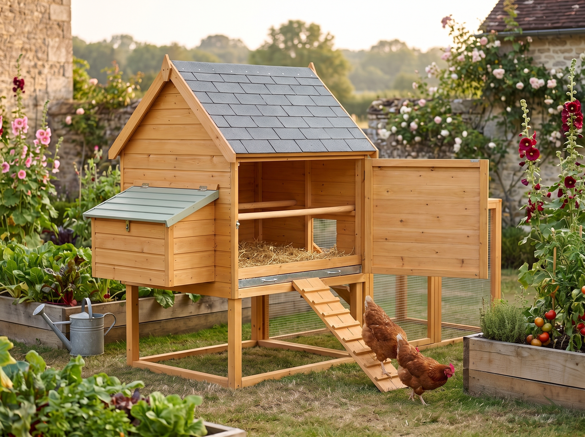 Intérieur du poulailler 4 poules : perchoirs, tiroir à fientes et rampe vers l'enclos