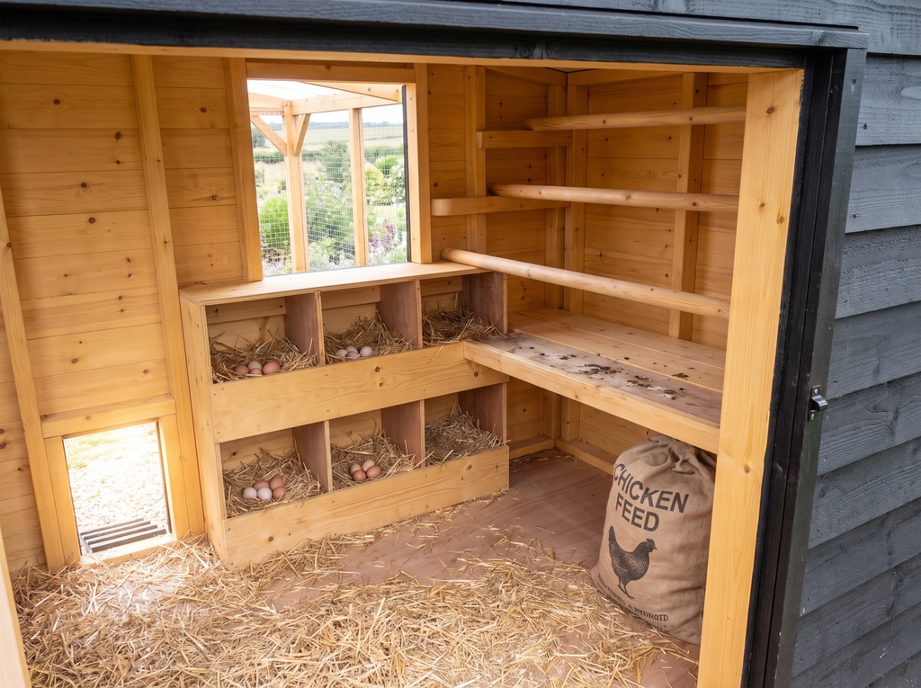 Intérieur du poulailler 10 poules vu depuis la porte : pondoirs, perchoirs et planche à fientes