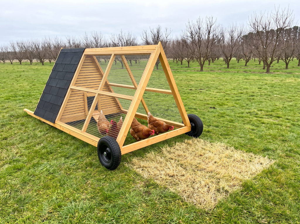 Le poulailler mobile avancé sur l'herbe fraîche, la trace de la veille visible derrière