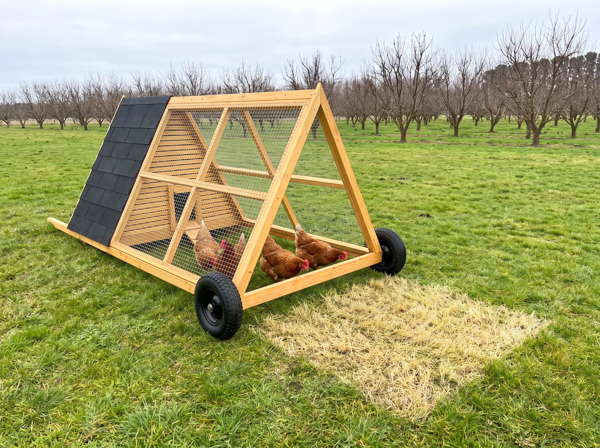 Le poulailler mobile avancé sur l'herbe fraîche, la trace de la veille visible derrière
