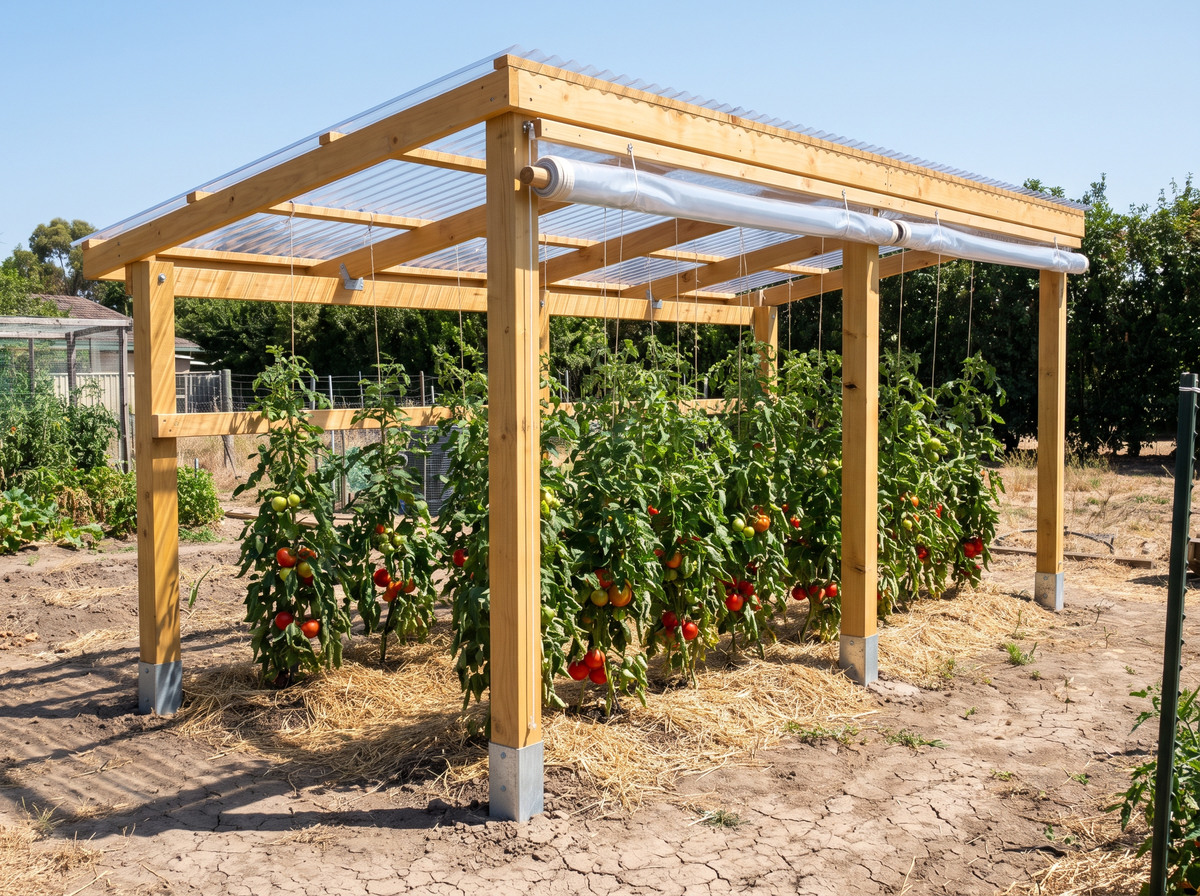 Abri à tomates ouvert sur les quatre côtés, toit en polycarbonate ondulé