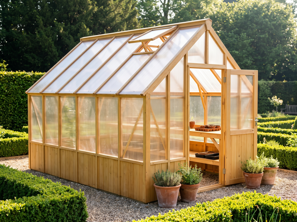 Serre en bois à deux pentes avec polycarbonate alvéolaire dans un potager