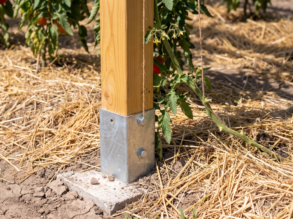 Détail du pied de poteau galvanisé et de la ficelle de palissage