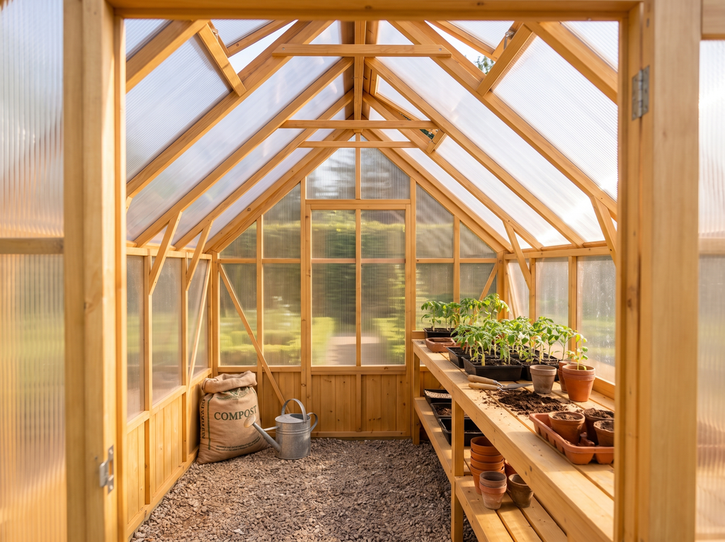 Intérieur de la serre en bois : établi de rempotage et semis