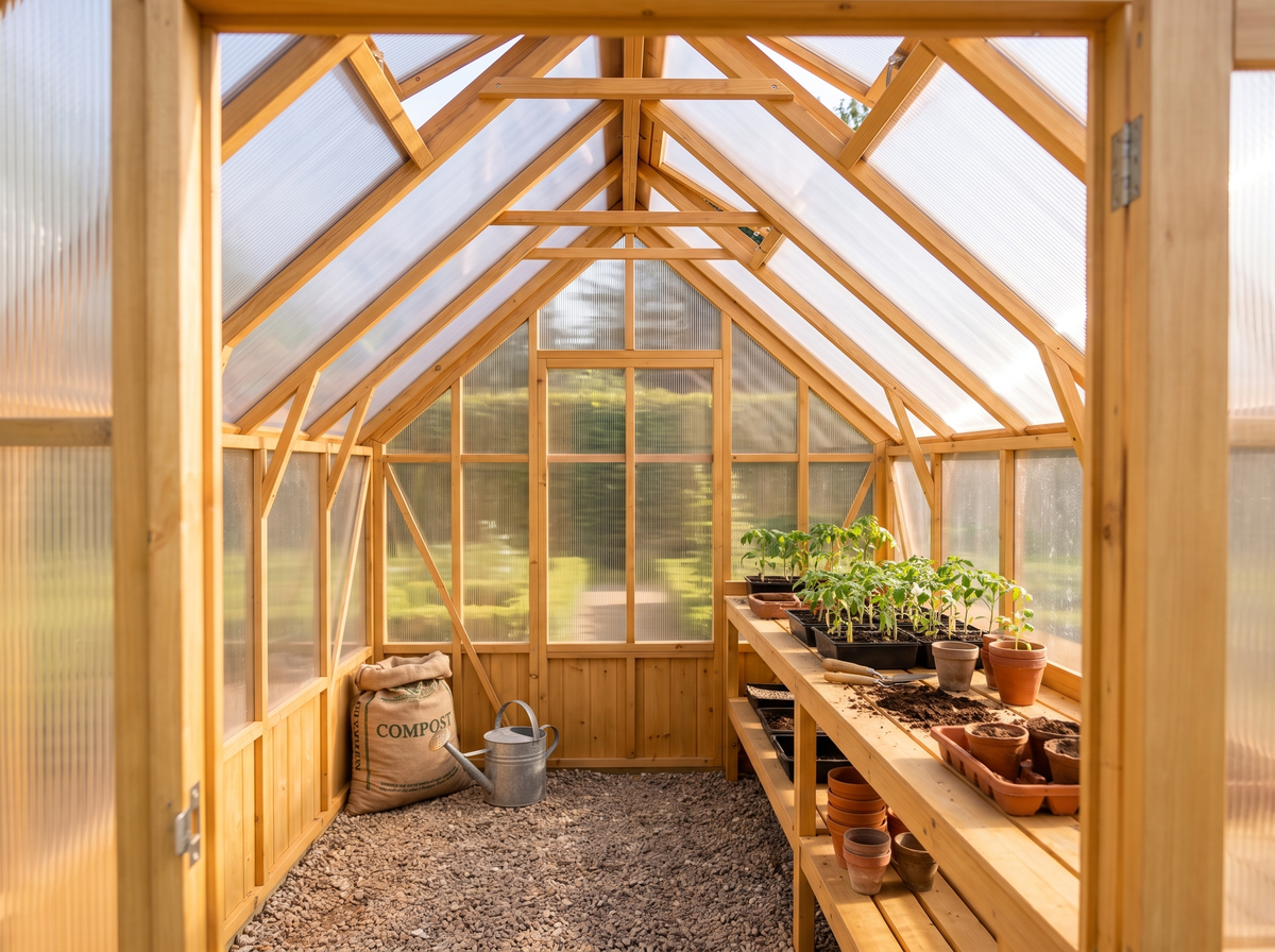 Intérieur de la serre en bois : établi de rempotage et semis