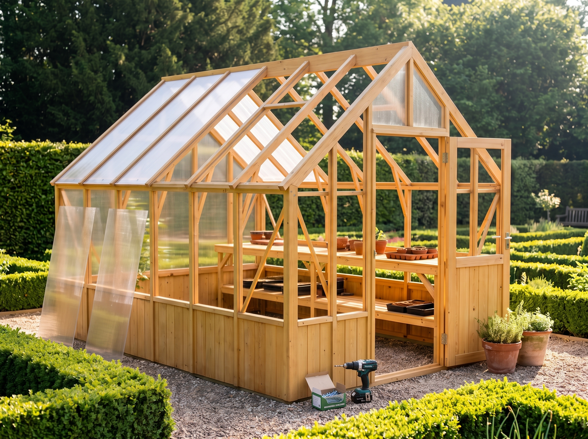 Ossature de la serre en bois avant pose du polycarbonate