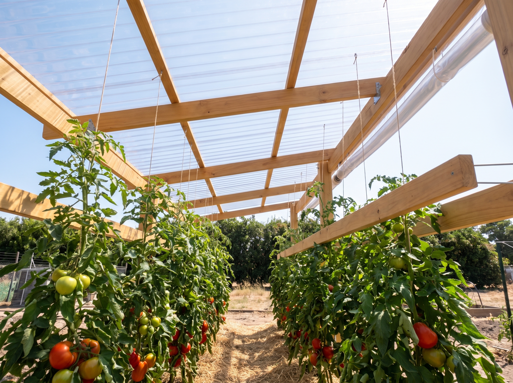Vue sous l'abri à tomates, rangs palissés sous le toit translucide