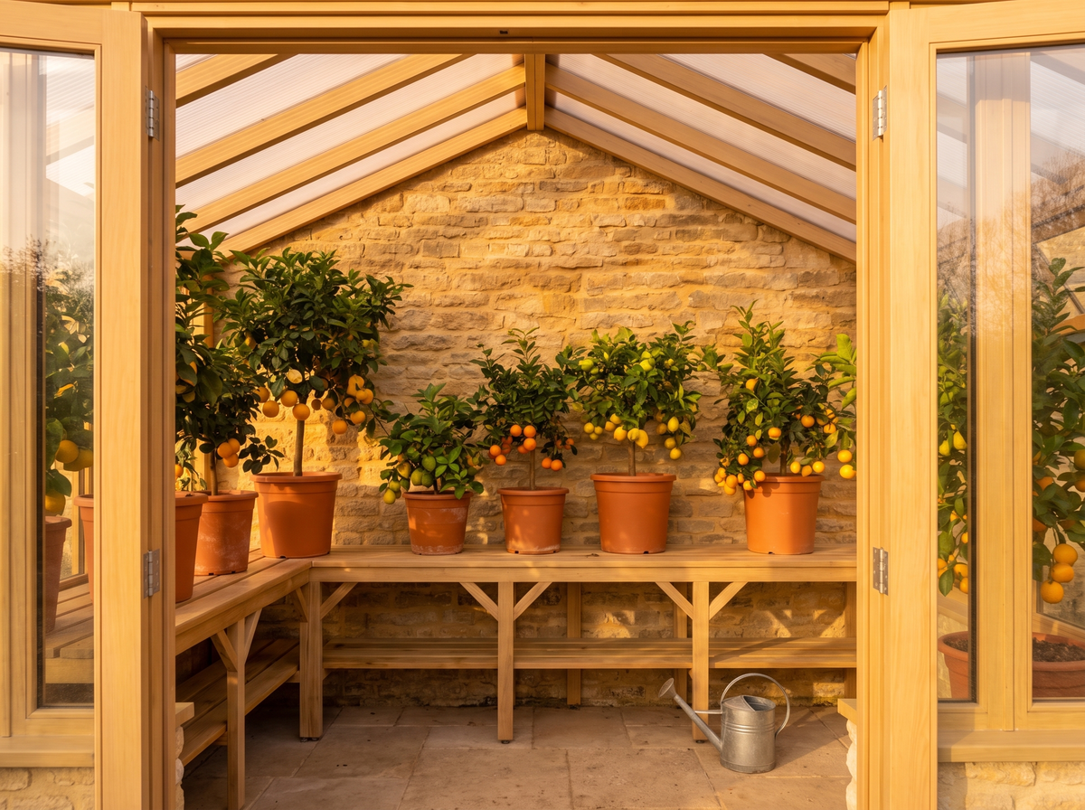 Intérieur de l'orangerie : citronniers en pots sur l'étagère, mur de pierre au fond