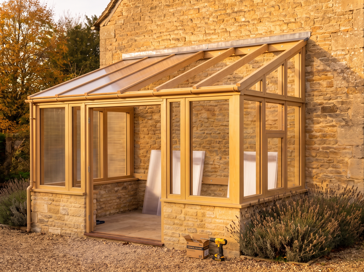 Ossature de l'orangerie contre le mur, polycarbonate à moitié posé