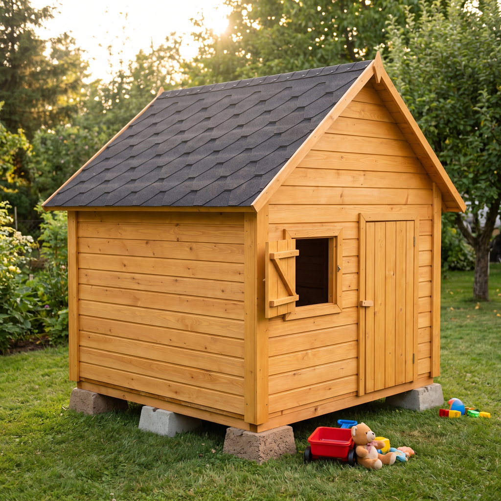 Cabane en bois pour enfant en douglas neuf, posée au sol sur une pelouse