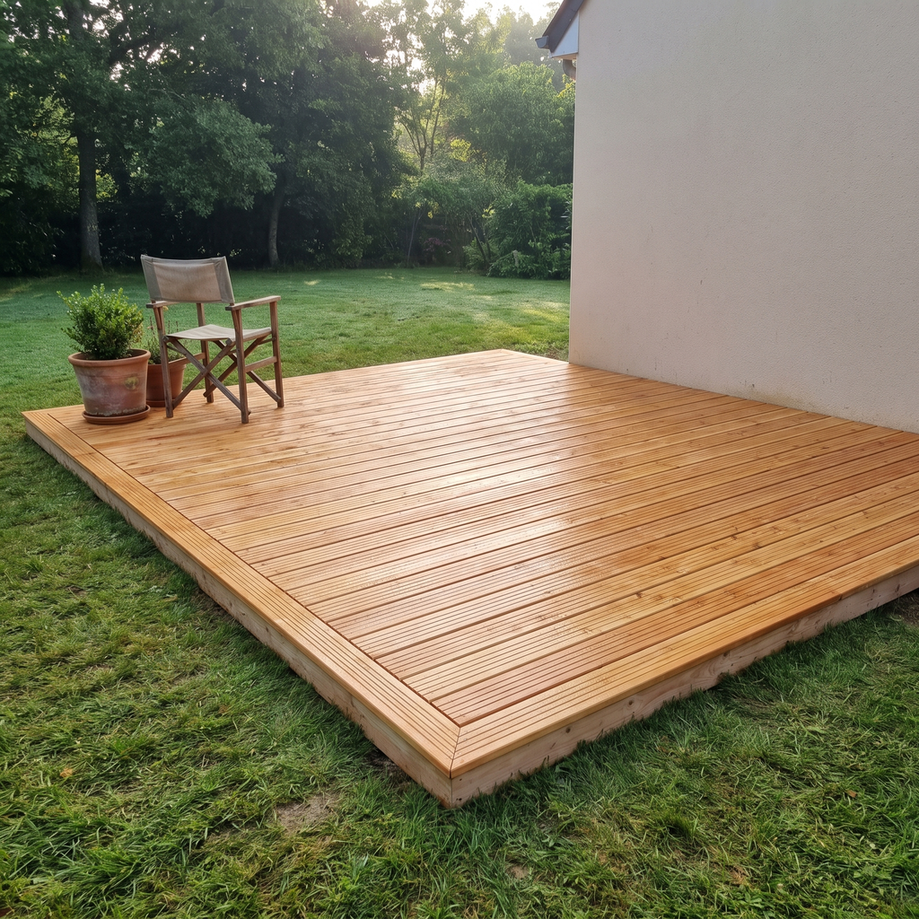Faire une terrasse en bois : terrasse de plain-pied en douglas neuf sur une pelouse